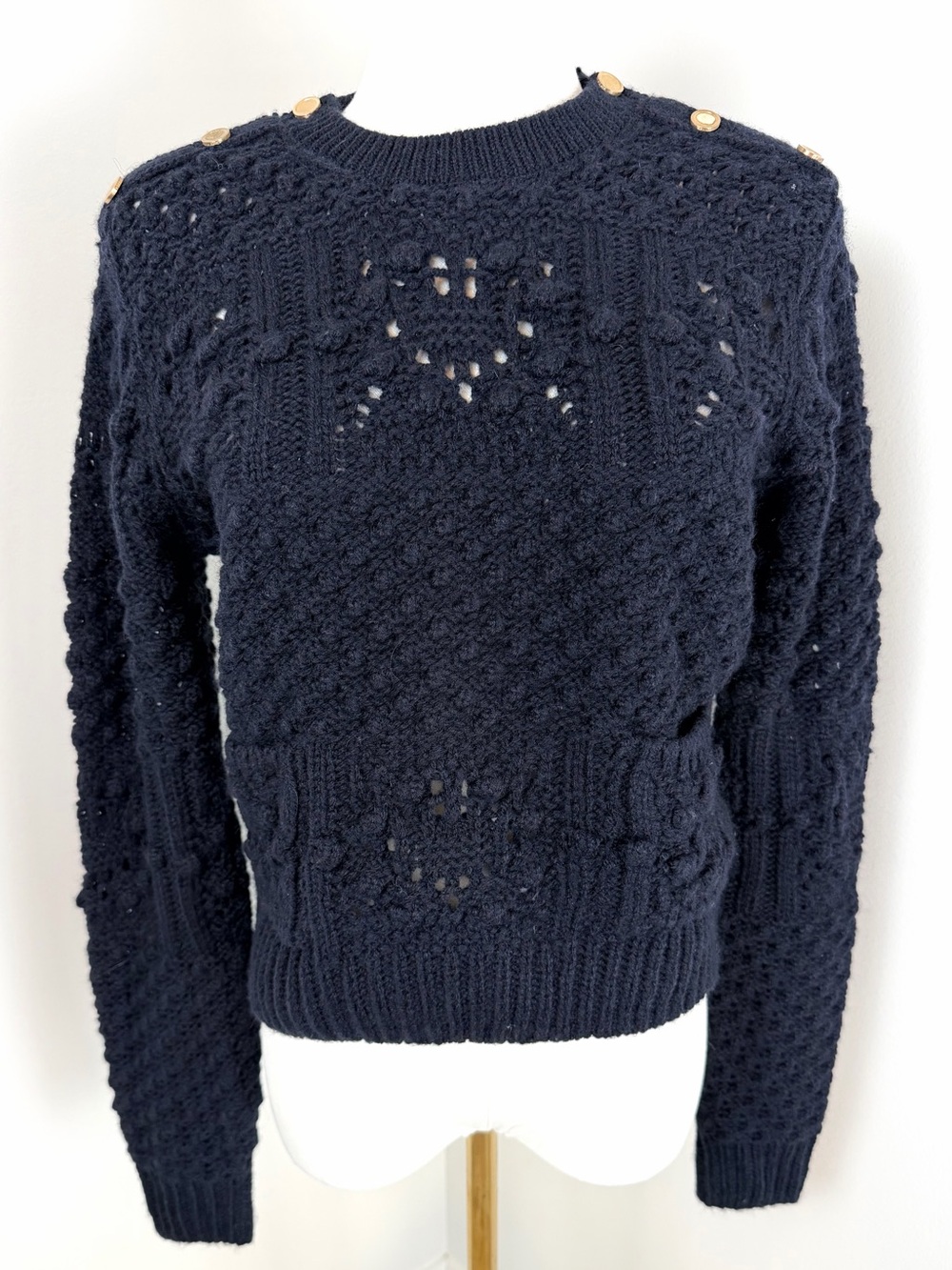 Frame Navy Alpaca Wool Cable-Knit Sweater Gold Button Detail Small NWT $398 MSRP - Picture 4 of 14